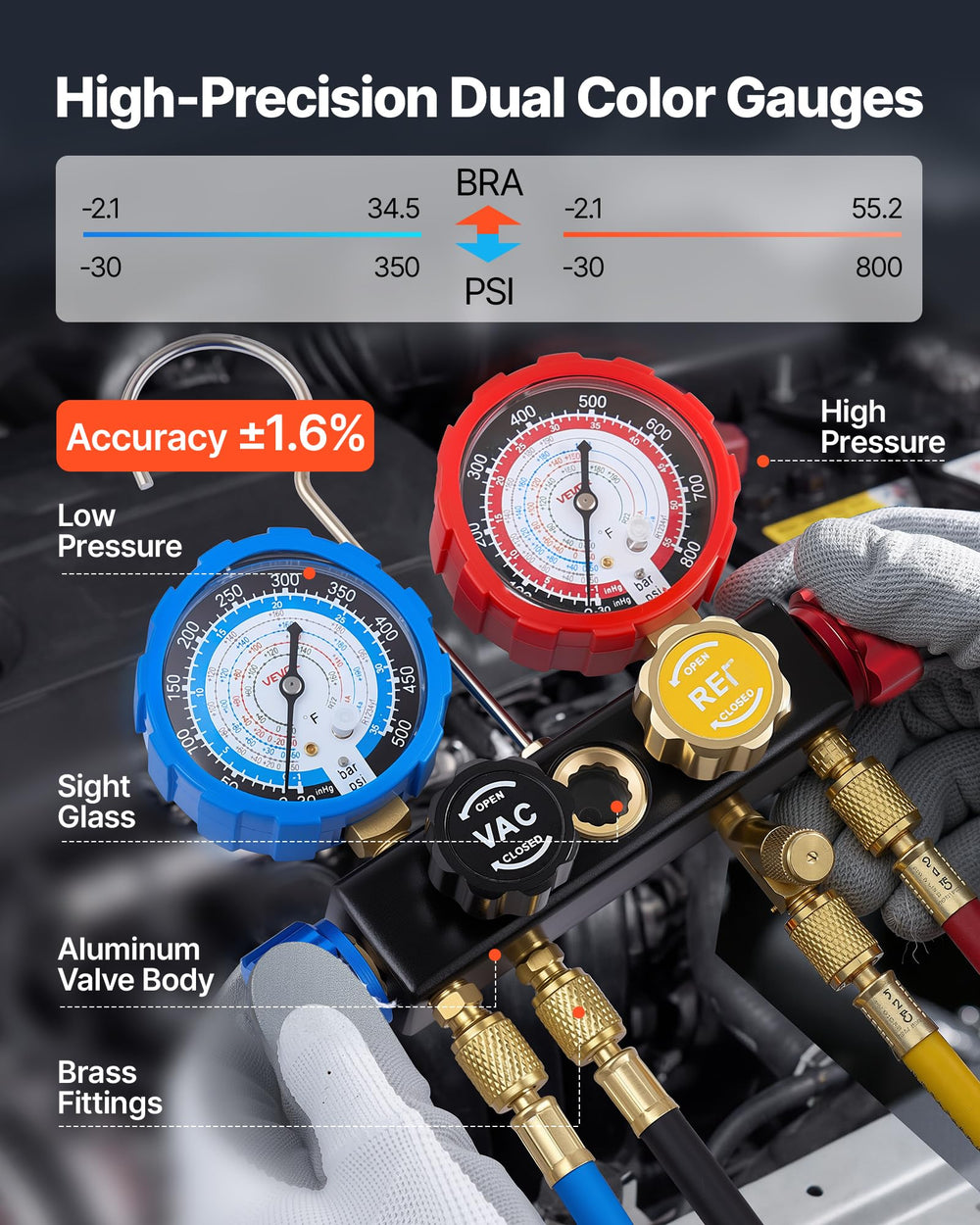 VEVOR AC manifold gauge set adapters support refrigerant variety and system compatibility.