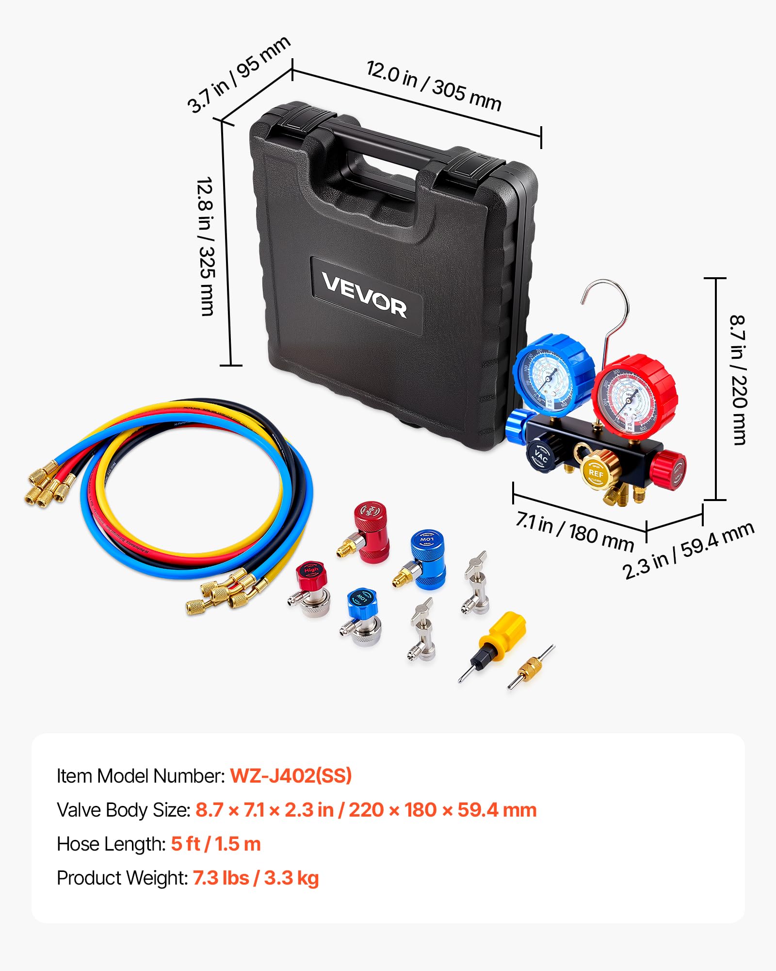 VEVOR AC manifold gauge set dual-scale dials for easy readings.