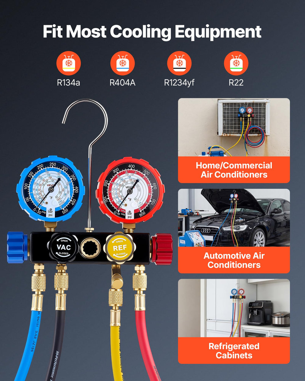 VEVOR AC manifold gauge set quick couplers simplify connections during maintenance.