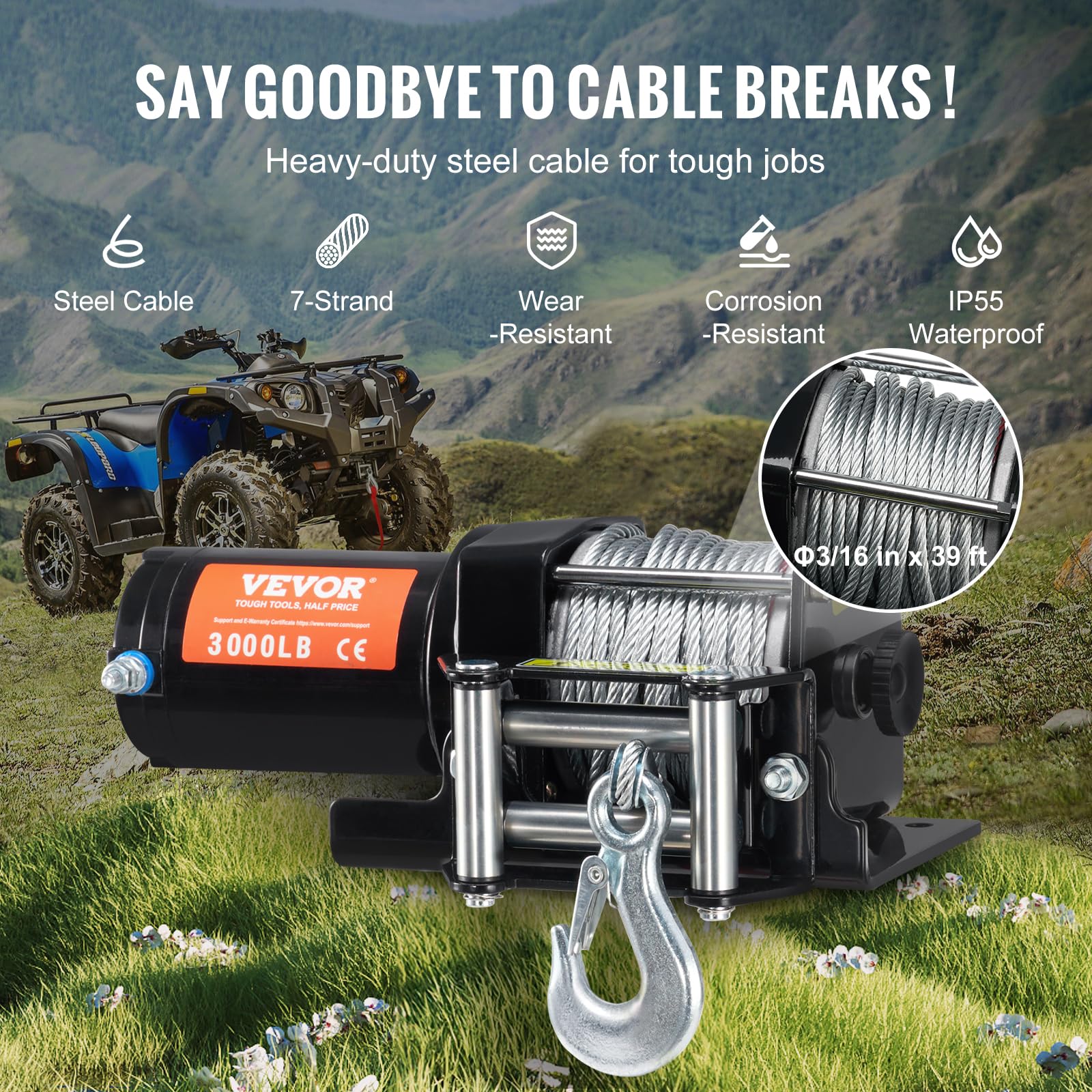VEVOR ATV winch 12V motor delivers consistent pulling power