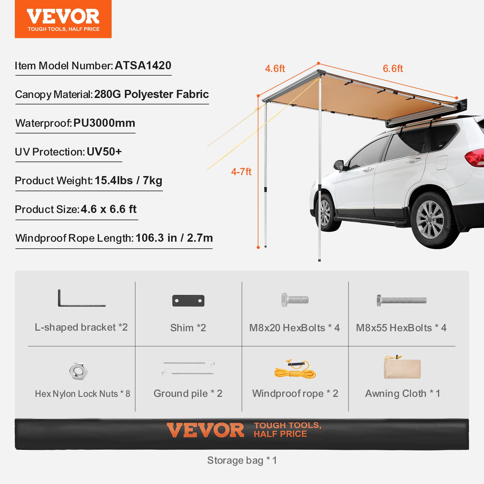 VEVOR wind ropes securing the awning in wind