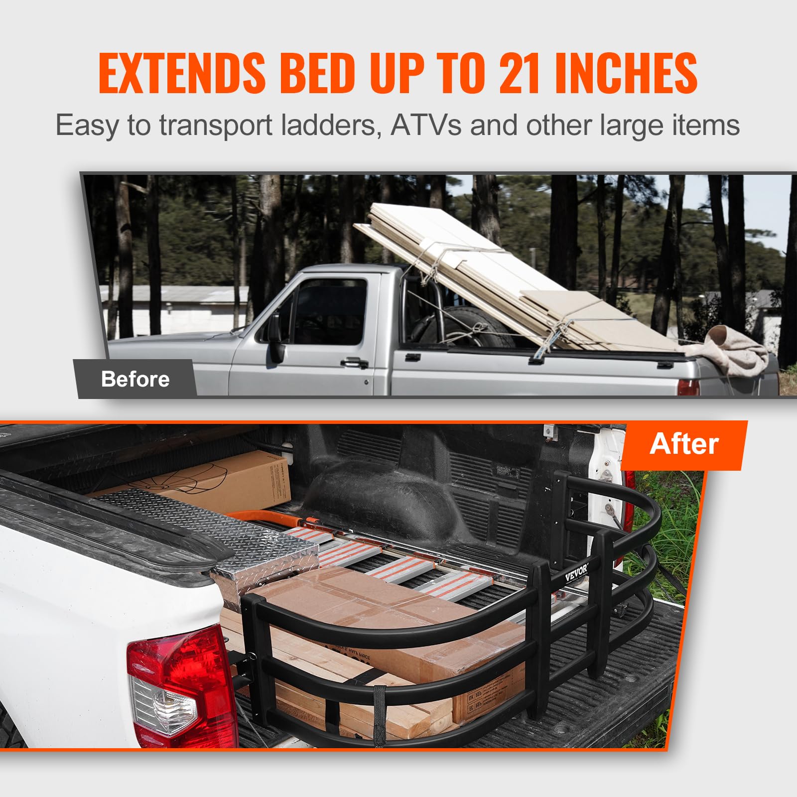VEVOR bed extender retracted for secure, stable cargo in the truck bed.