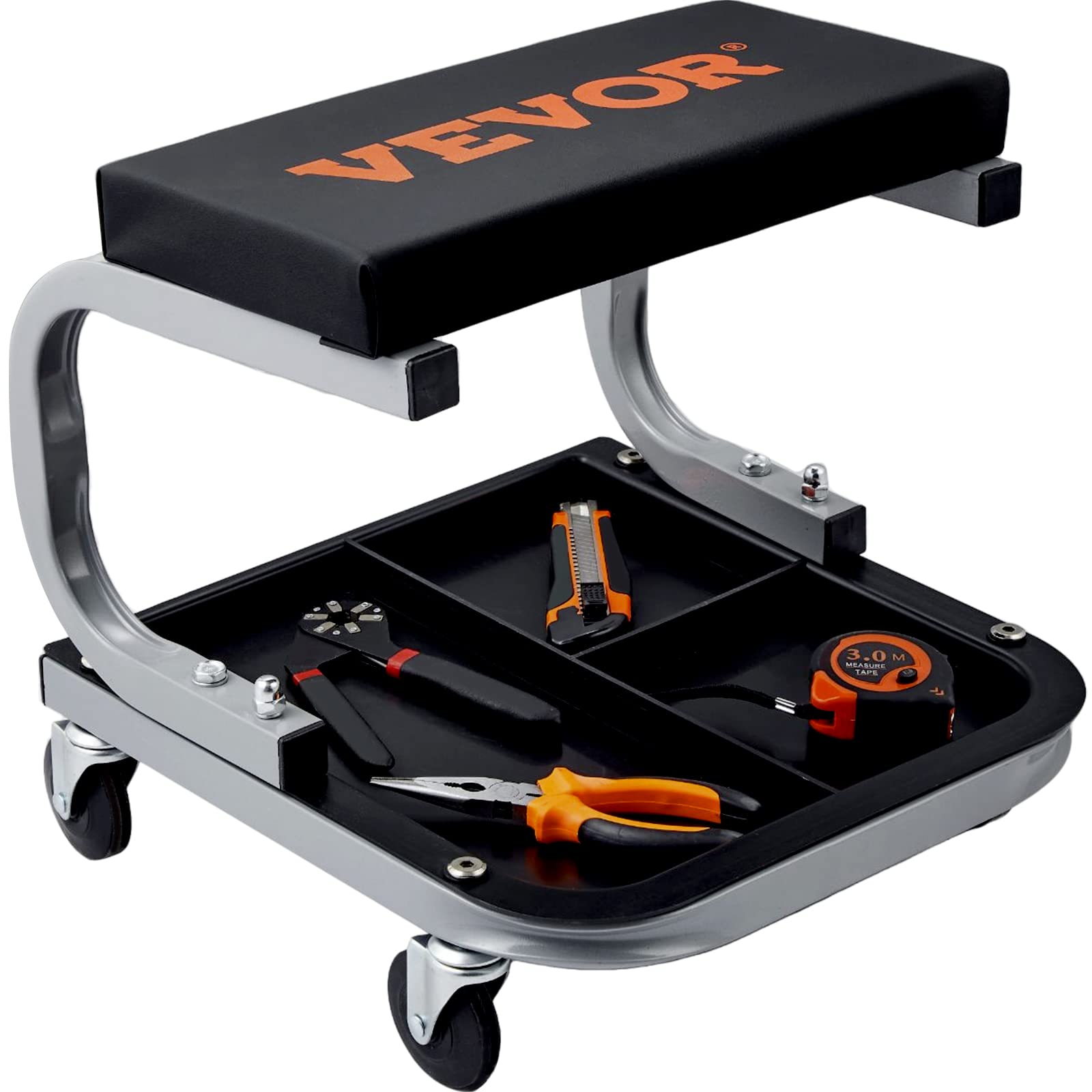 VEVOR black rolling stool fits garages, shops, and homes.
