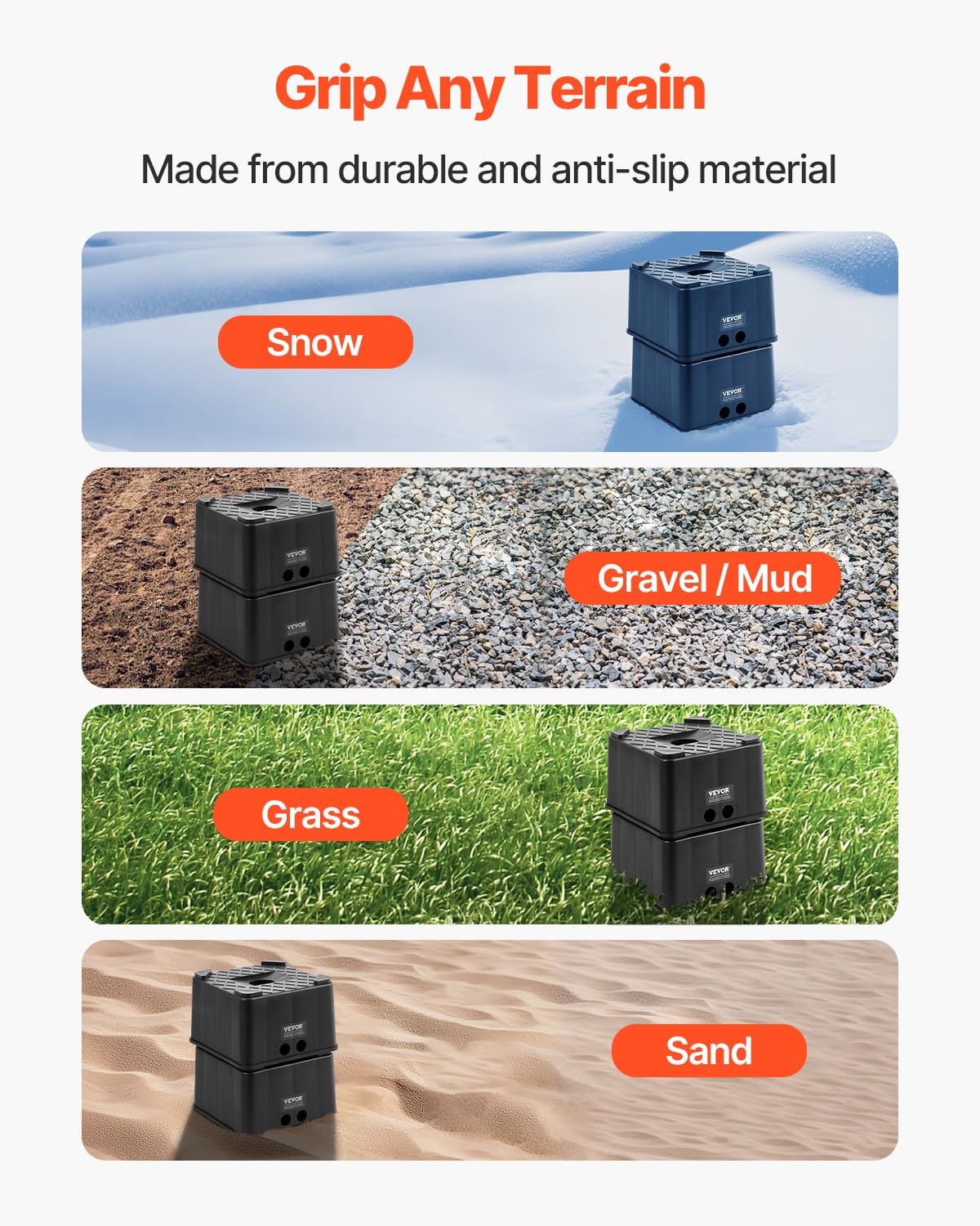 VEVOR blocks perform well on gravel, sand, snow, and grass