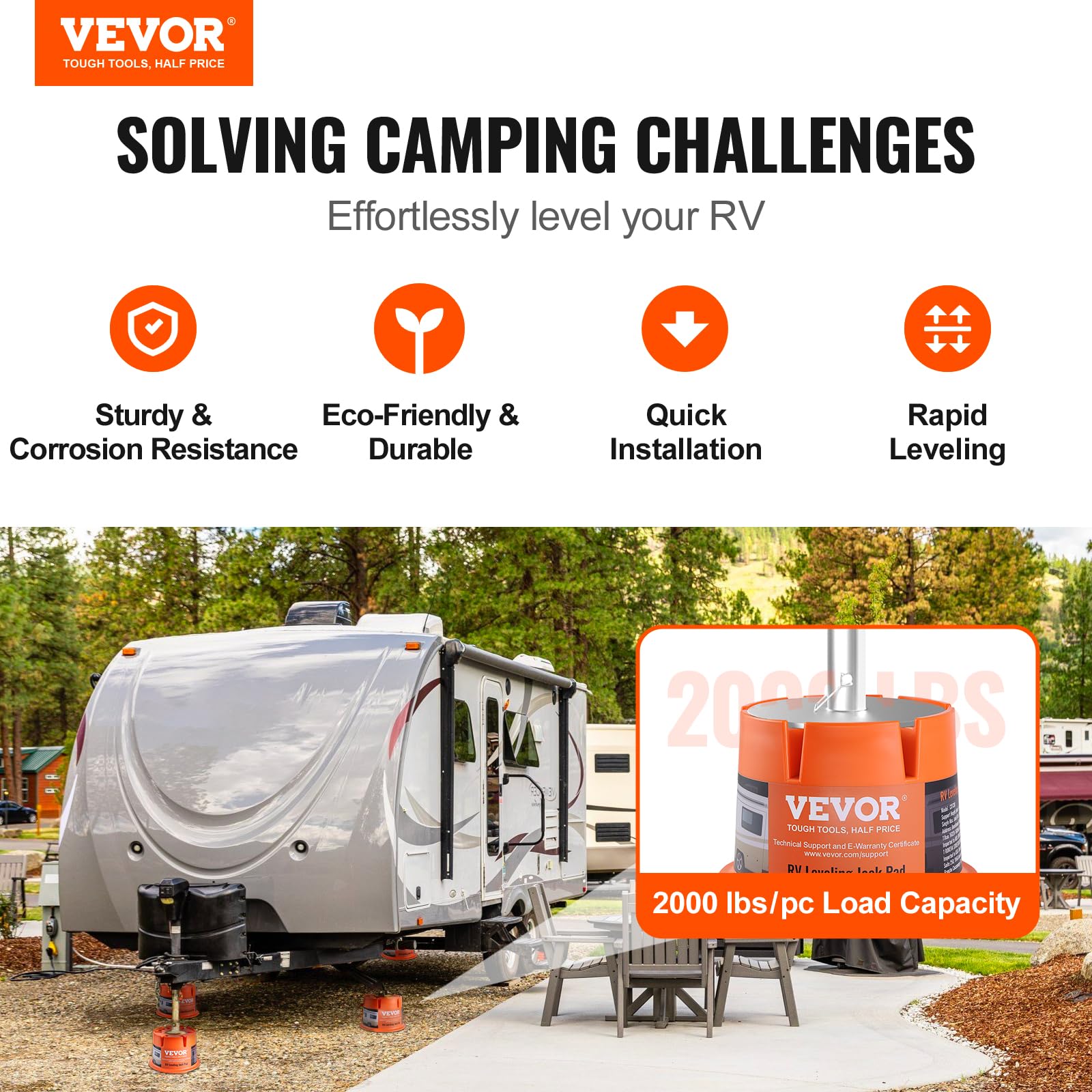 VEVOR camper stabilizer block with wide footprint improves stability on soft soil.