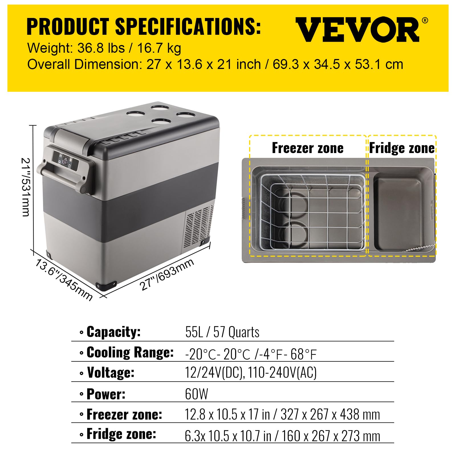VEVOR CF55 AC/DC adapters enable home or vehicle use.