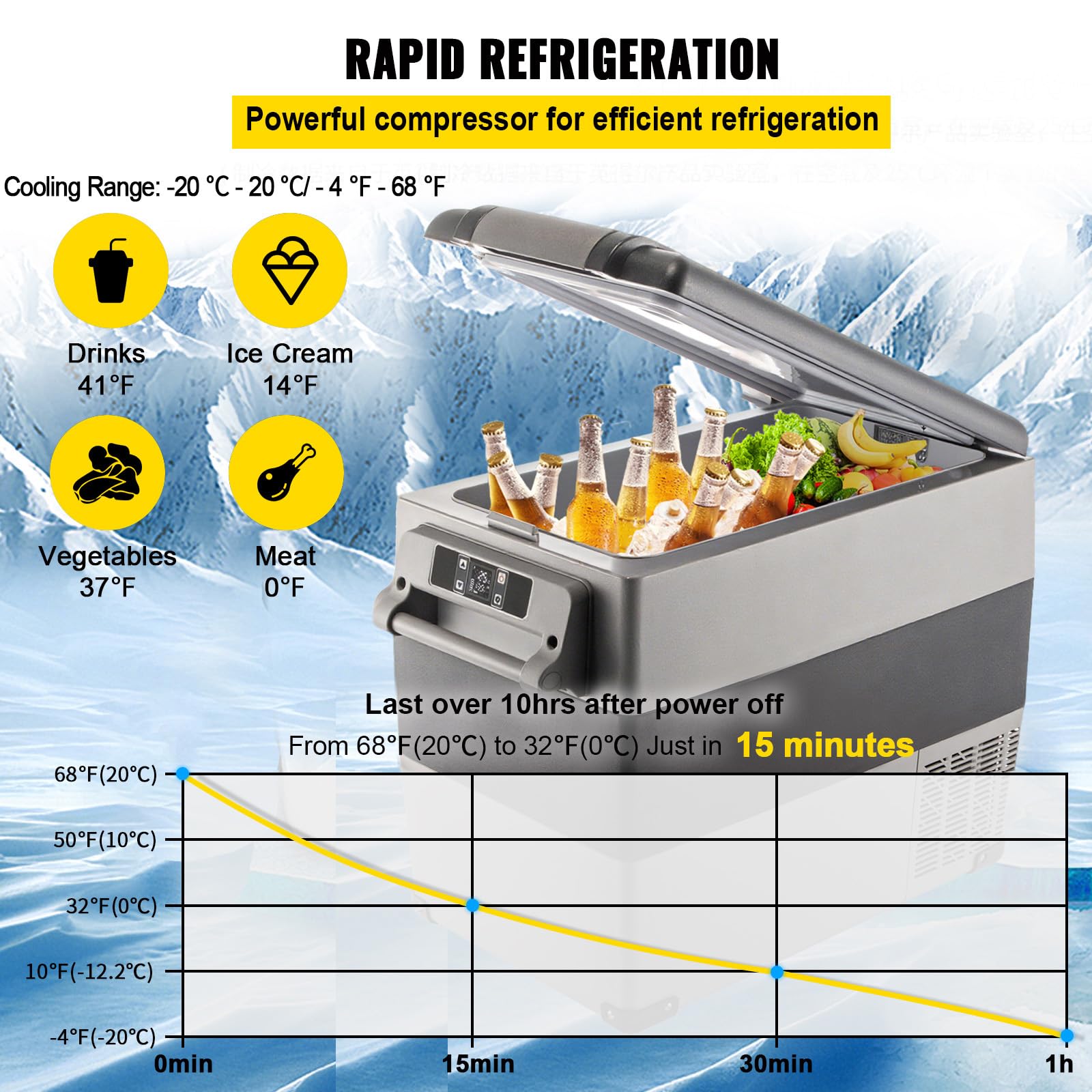 VEVOR CF55 dual-zone setup highlights separate freezing and refrigeration areas.