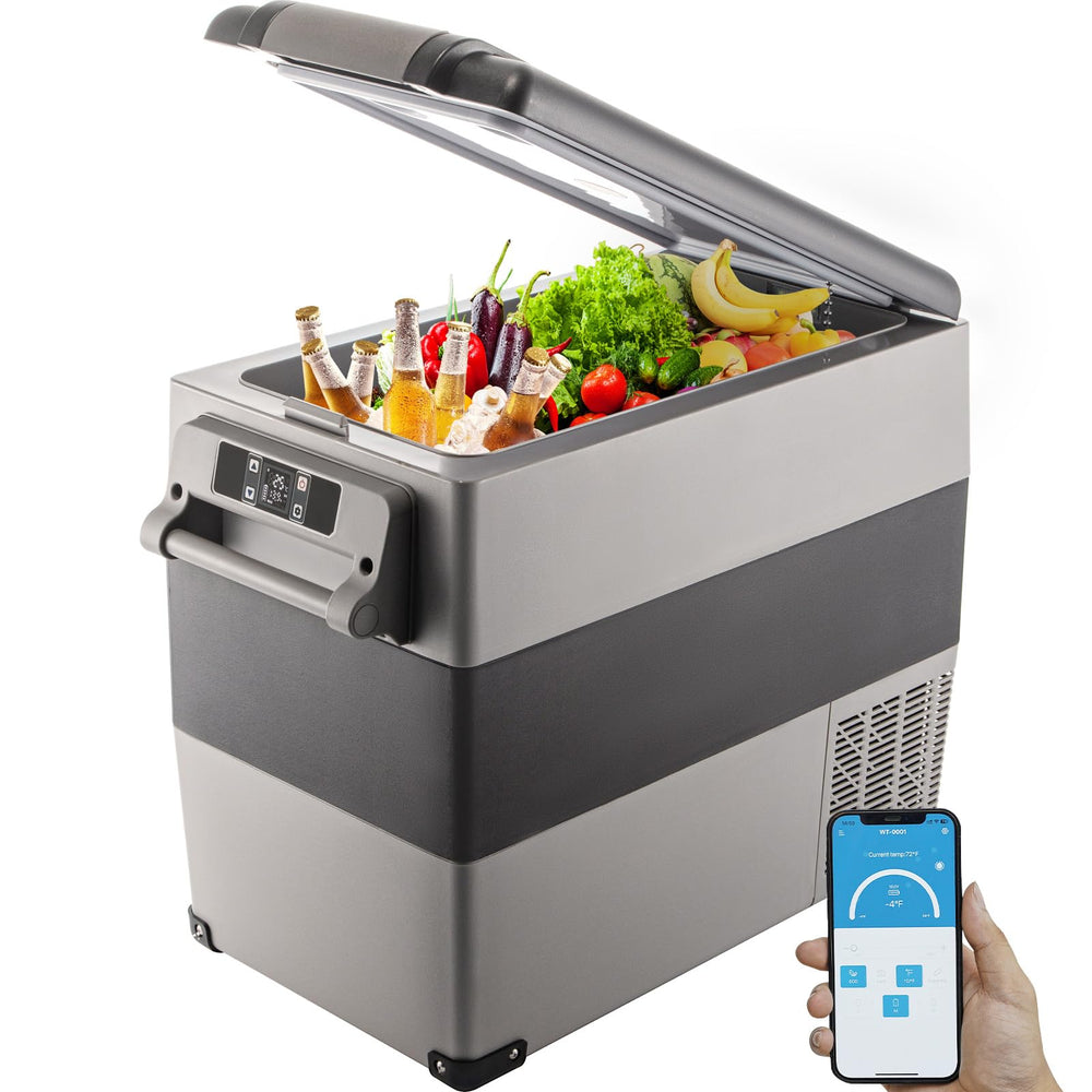VEVOR CF55 front view shows portable fridge ready for road trips.
