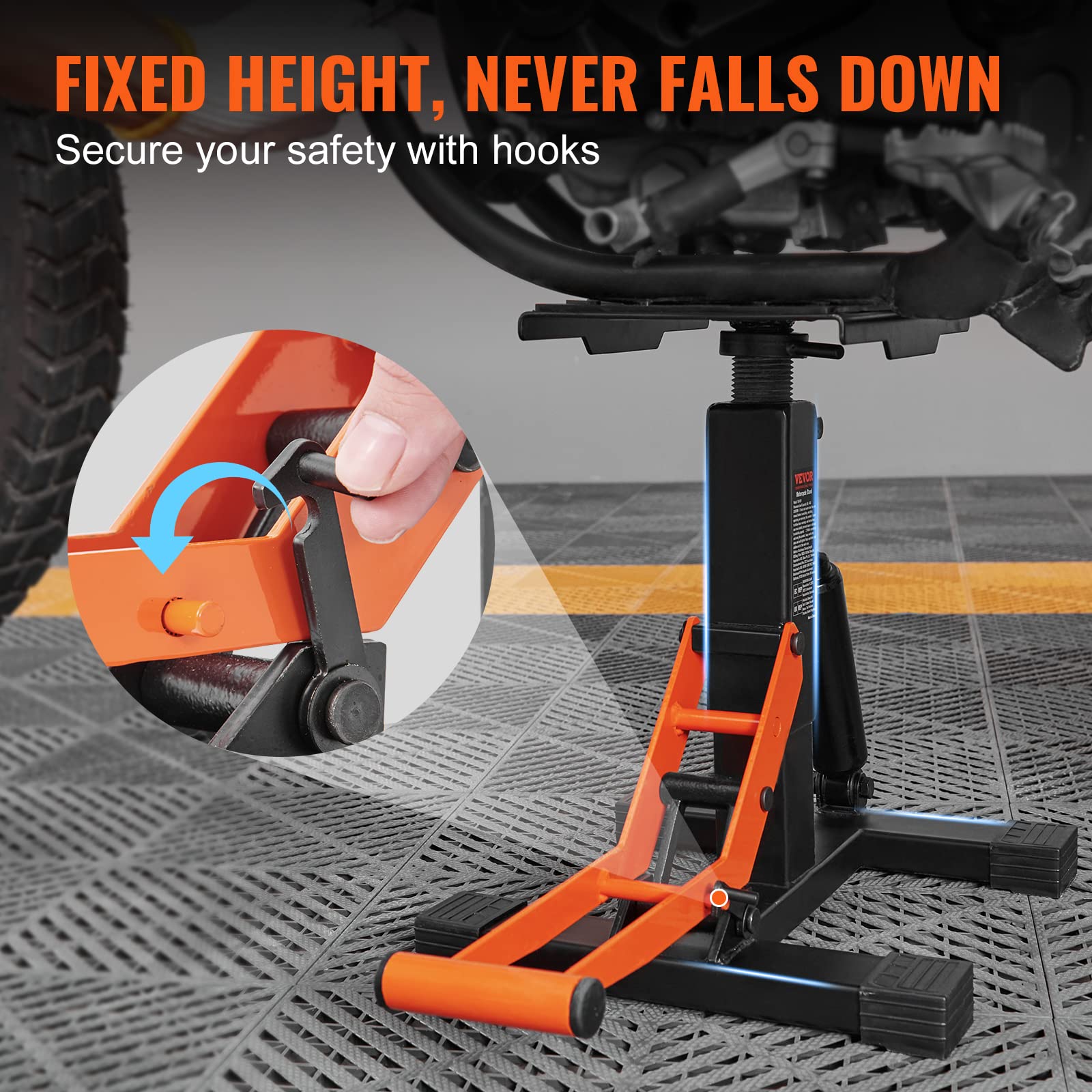 VEVOR dirt bike lift stand anti-slip base keeps stability on varied garage floors