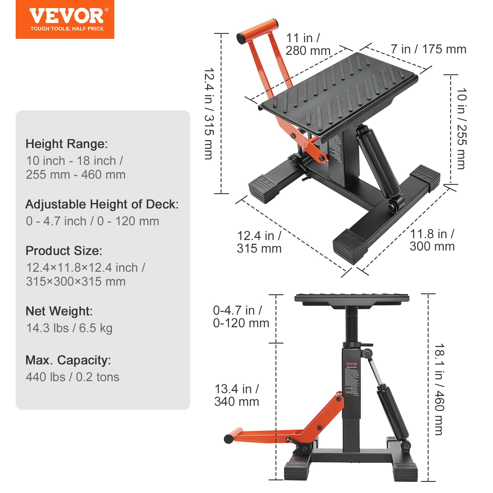 VEVOR dirt bike lift stand compact storage fits in a home garage when not in use