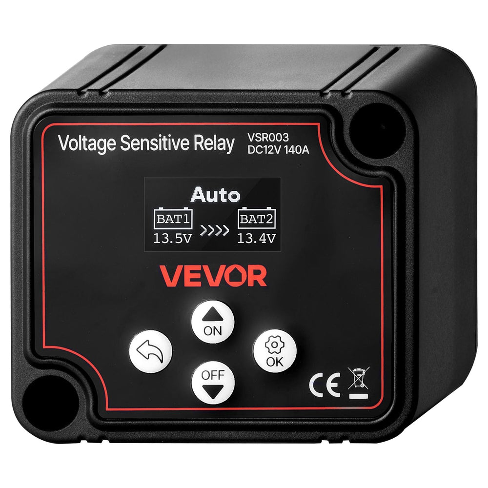 VEVOR dual battery isolator with LCD display enables real-time voltage monitoring.