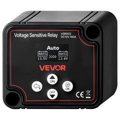 VEVOR dual battery isolator with LCD display enables real-time voltage monitoring.