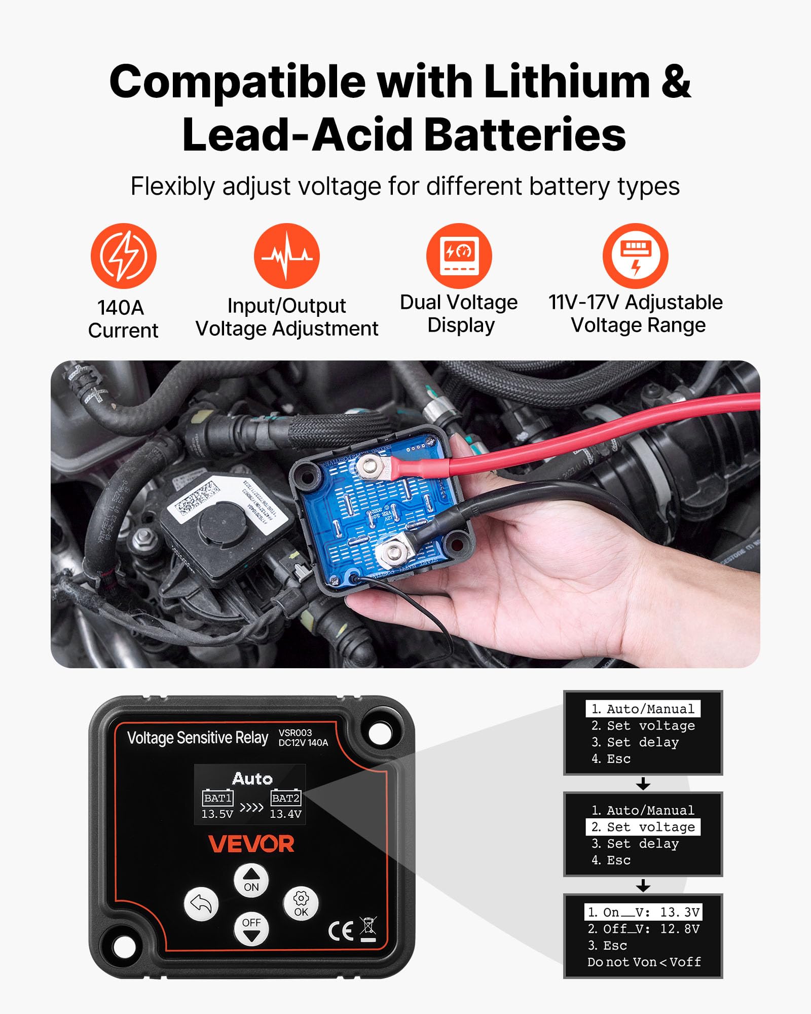 VEVOR dual battery isolator manual-automatic switch for easy mode changes during trips.