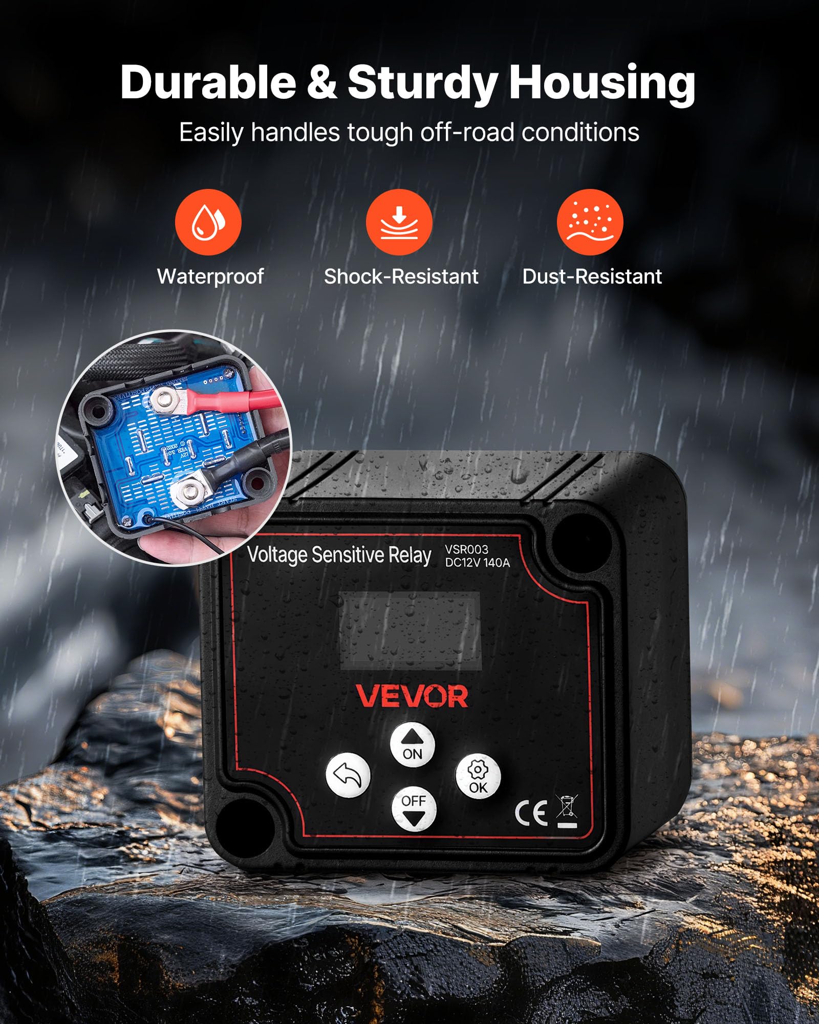 VEVOR dual battery isolator protection against overvoltage and undervoltage protects systems.