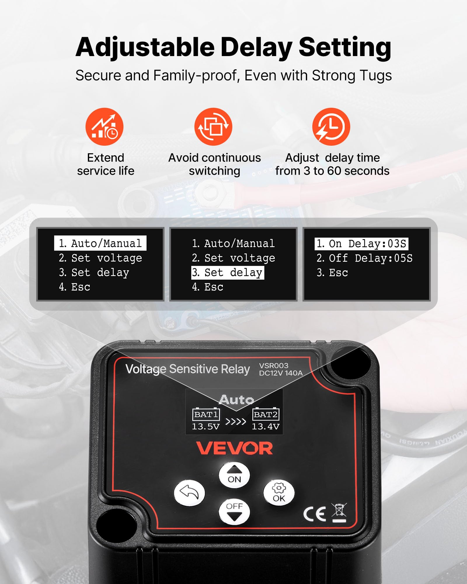 VEVOR dual battery isolator high-brightness voltage display shows both battery voltages clearly.