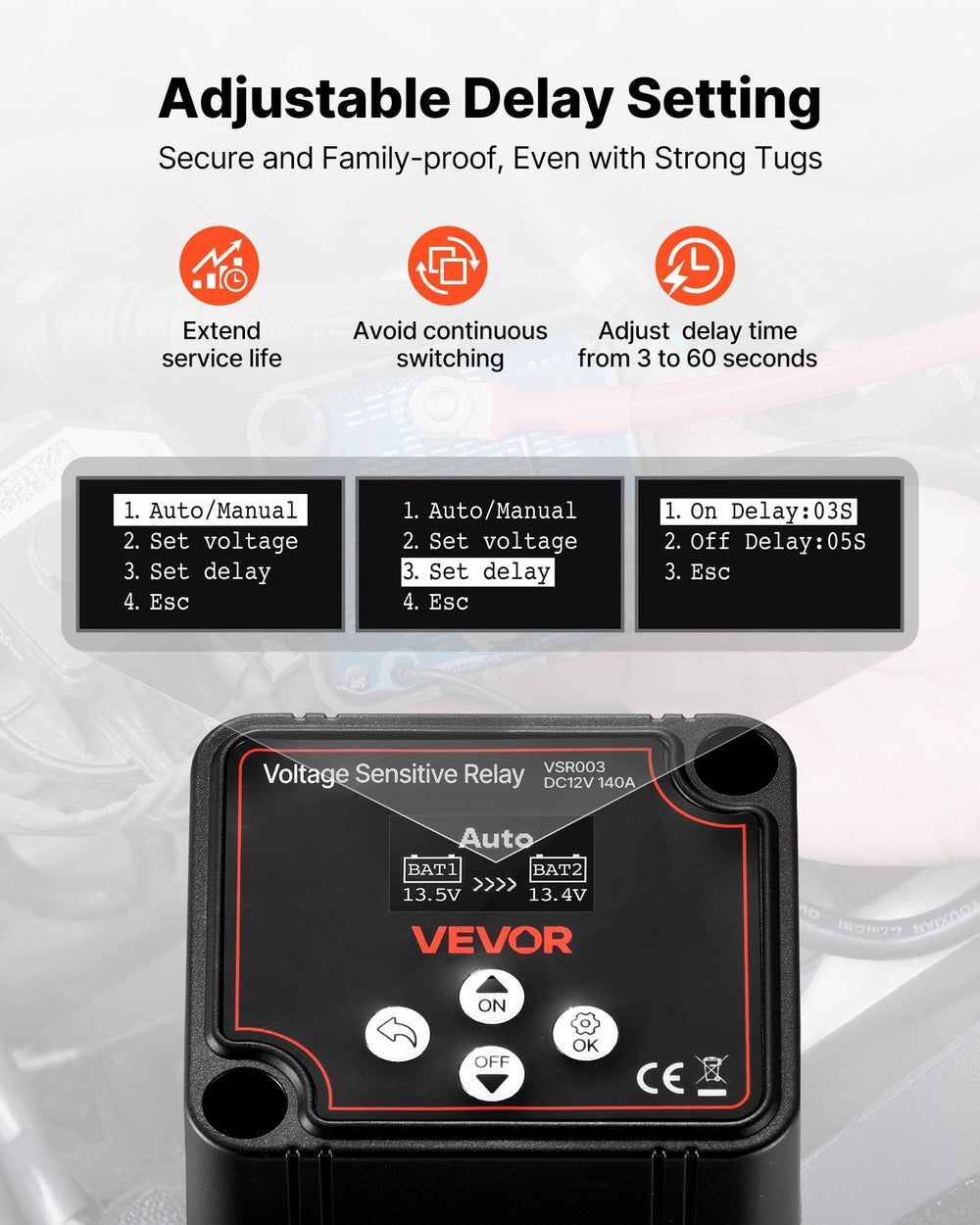 VEVOR dual battery isolator high-brightness voltage display shows both battery voltages clearly.