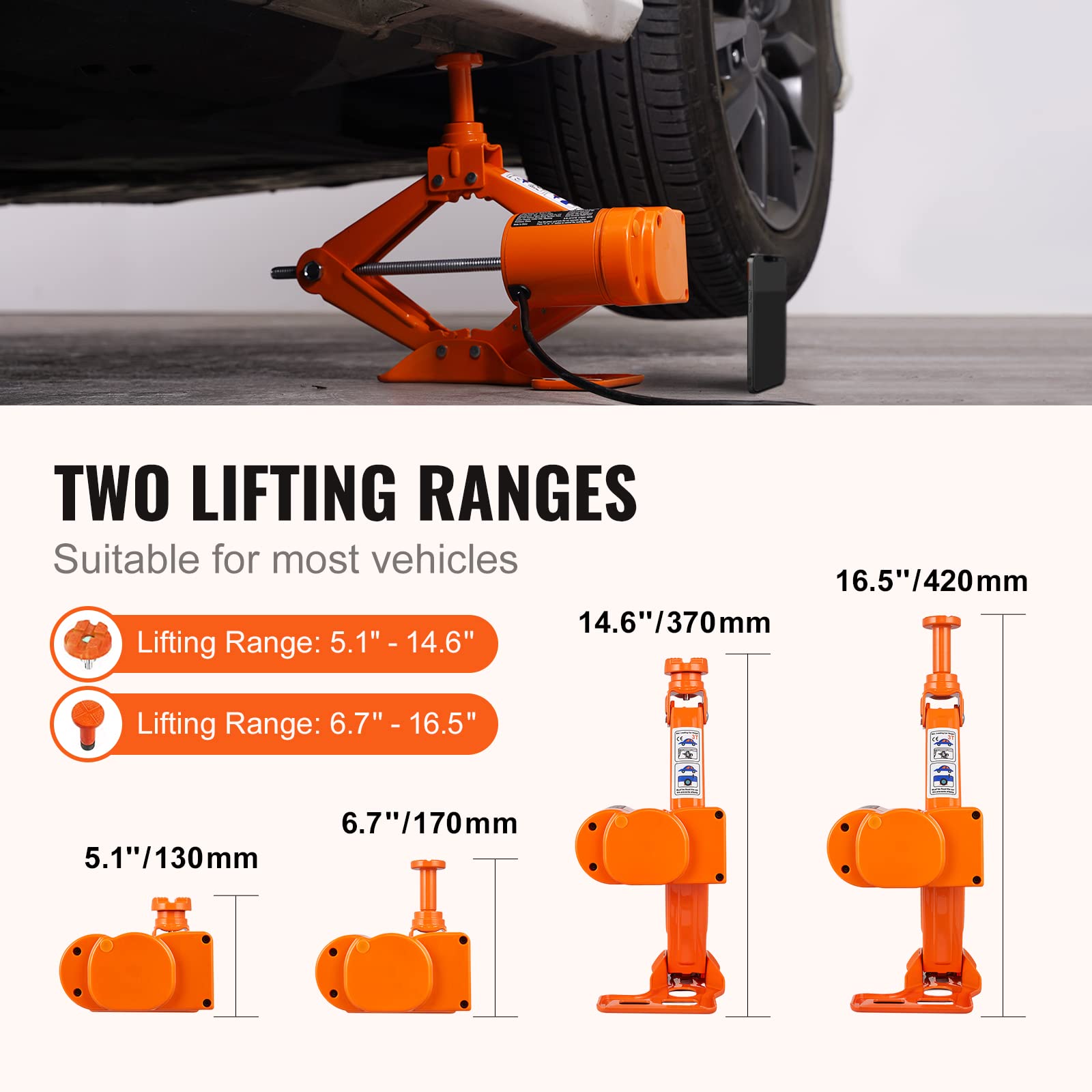 VEVOR electric car jack lift head short highlights compact reach for low-clearance spots.