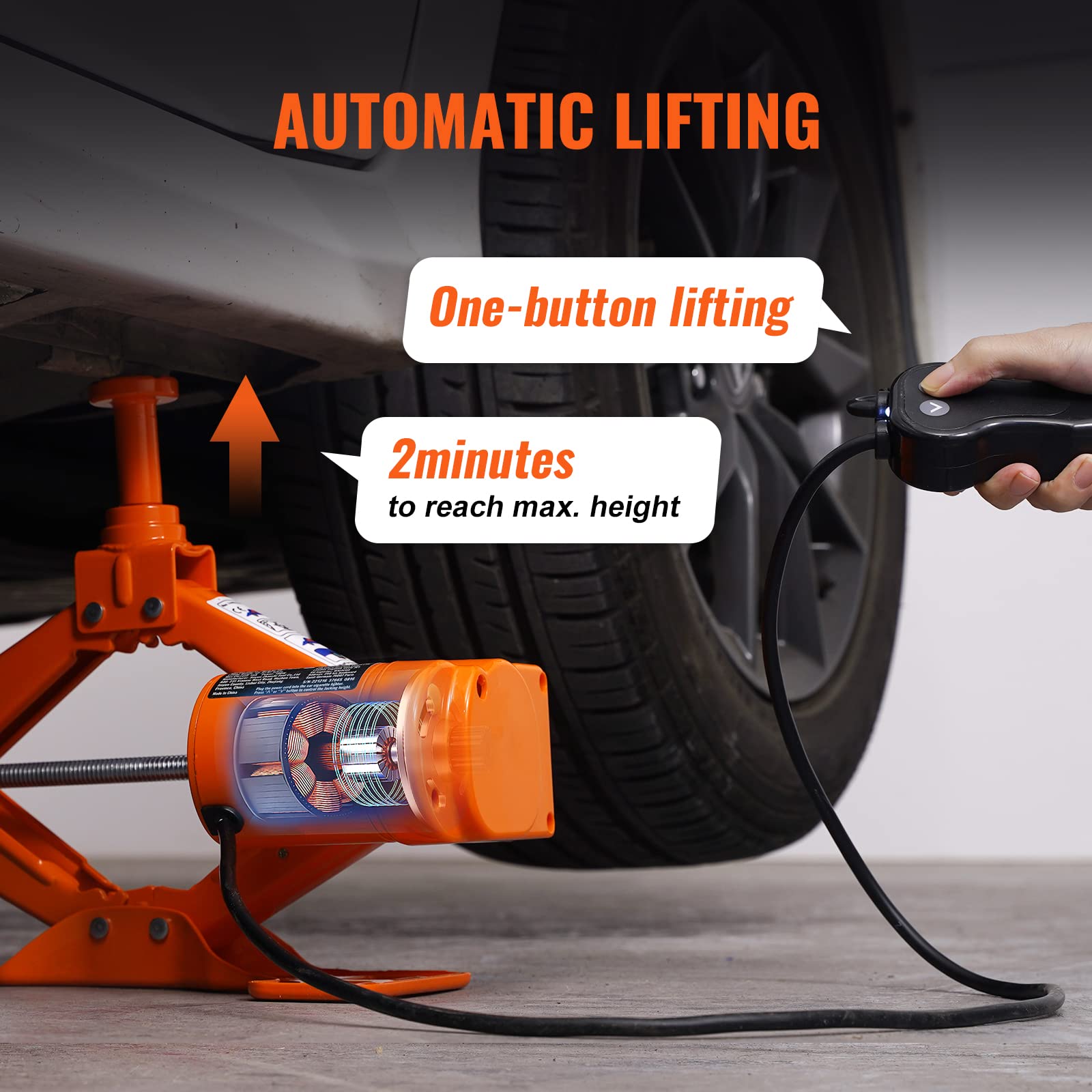 VEVOR electric car jack power cable extended enables front or rear tire access.