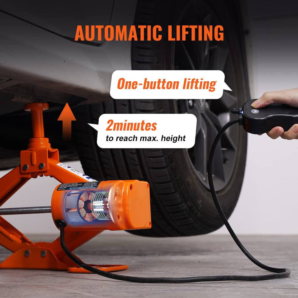 VEVOR electric car jack power cable extended enables front or rear tire access.