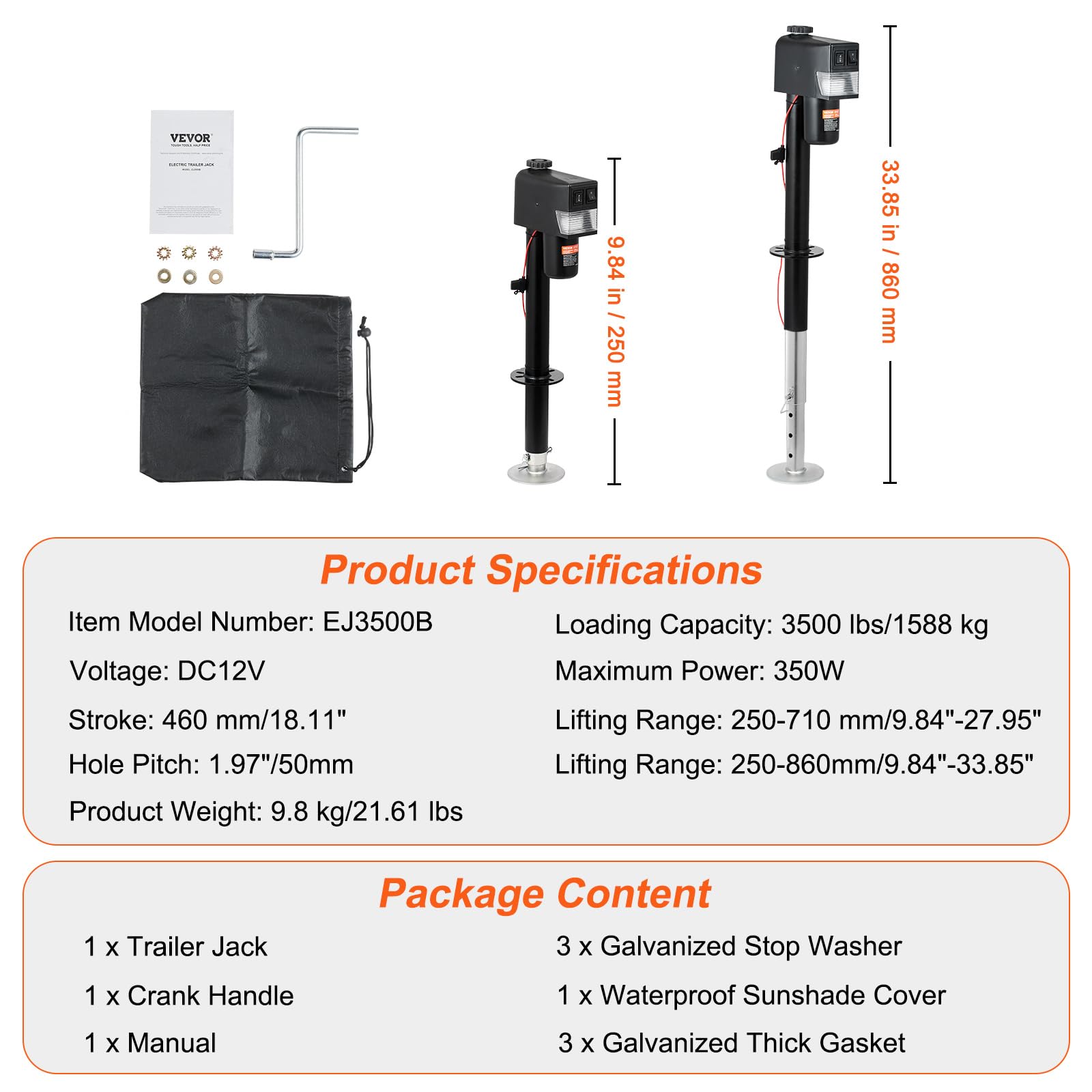 VEVOR electric tongue jack includes hand crank for emergency operation