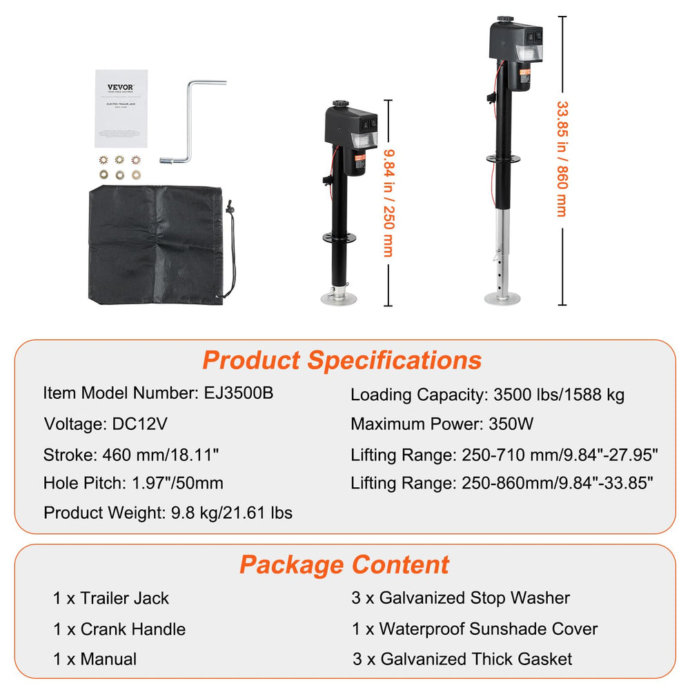 VEVOR electric tongue jack includes hand crank for emergency operation