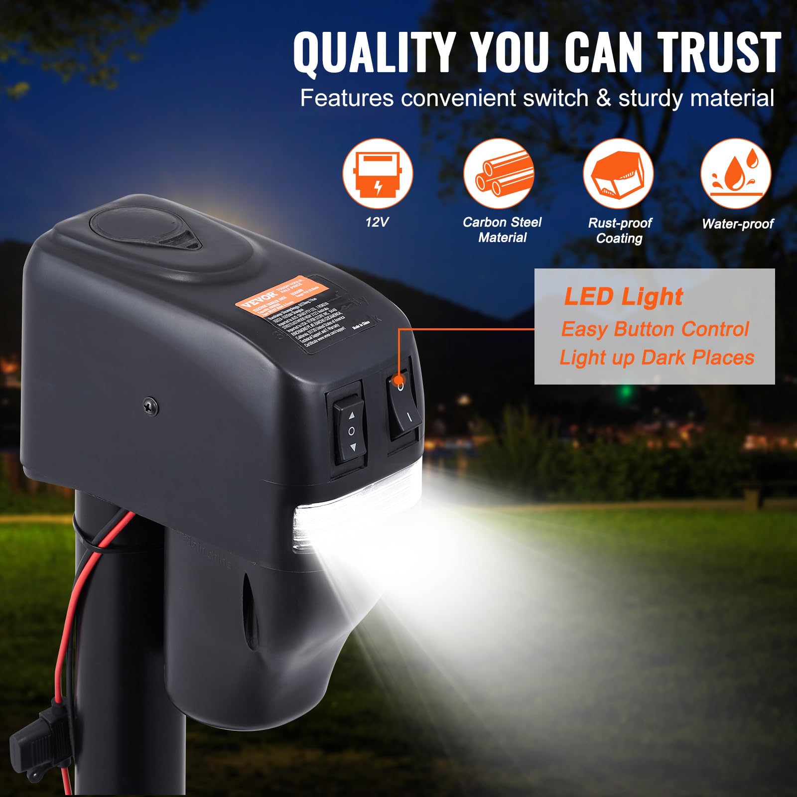 VEVOR electric trailer jack height adjustment demonstrates versatile leveling on uneven ground.