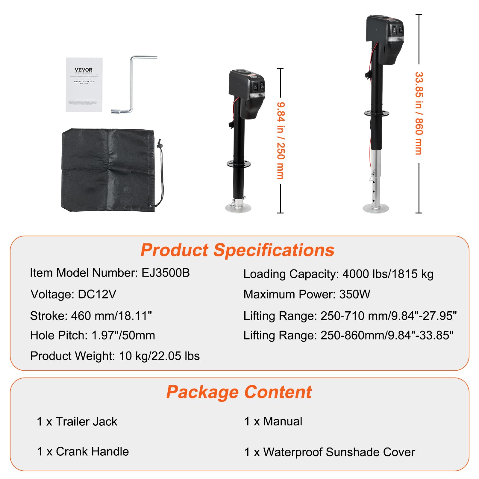 VEVOR electric trailer jack installed on an RV trailer for stability.