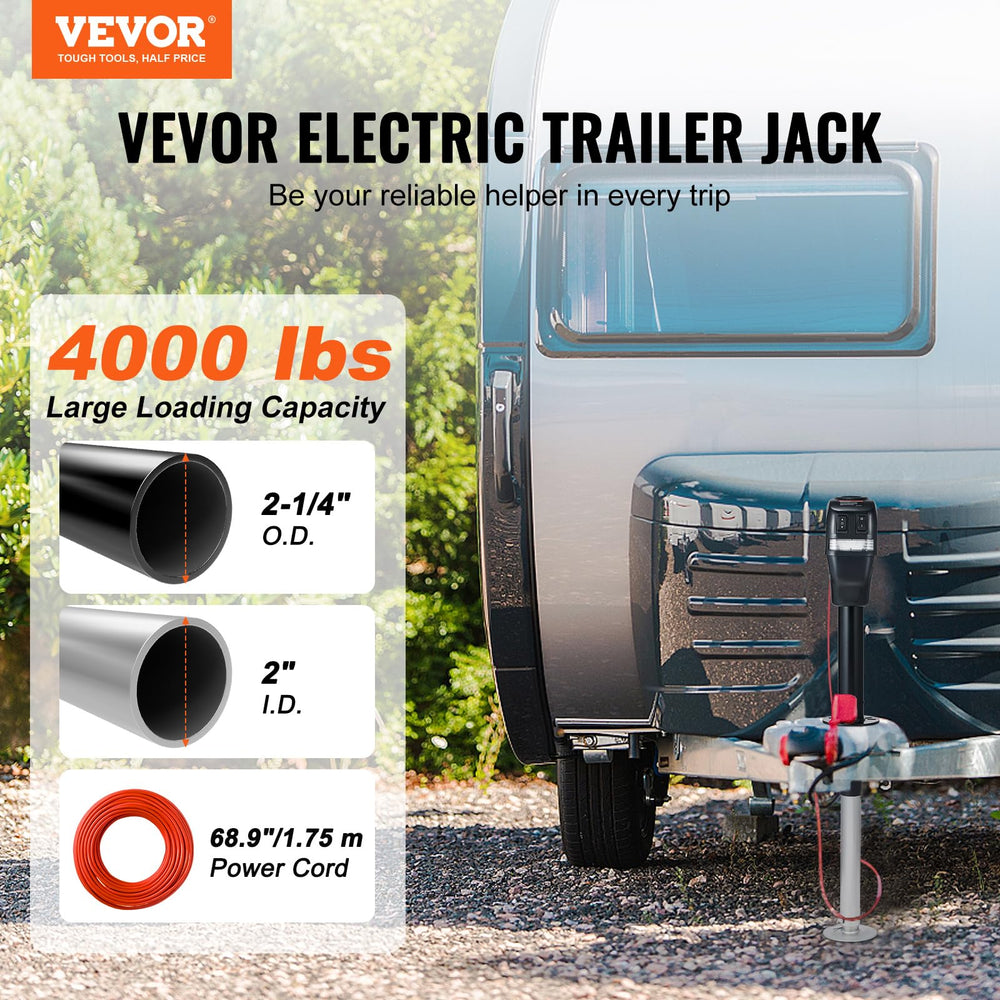 VEVOR electric trailer jack in action lifting a trailer smoothly for hitching.