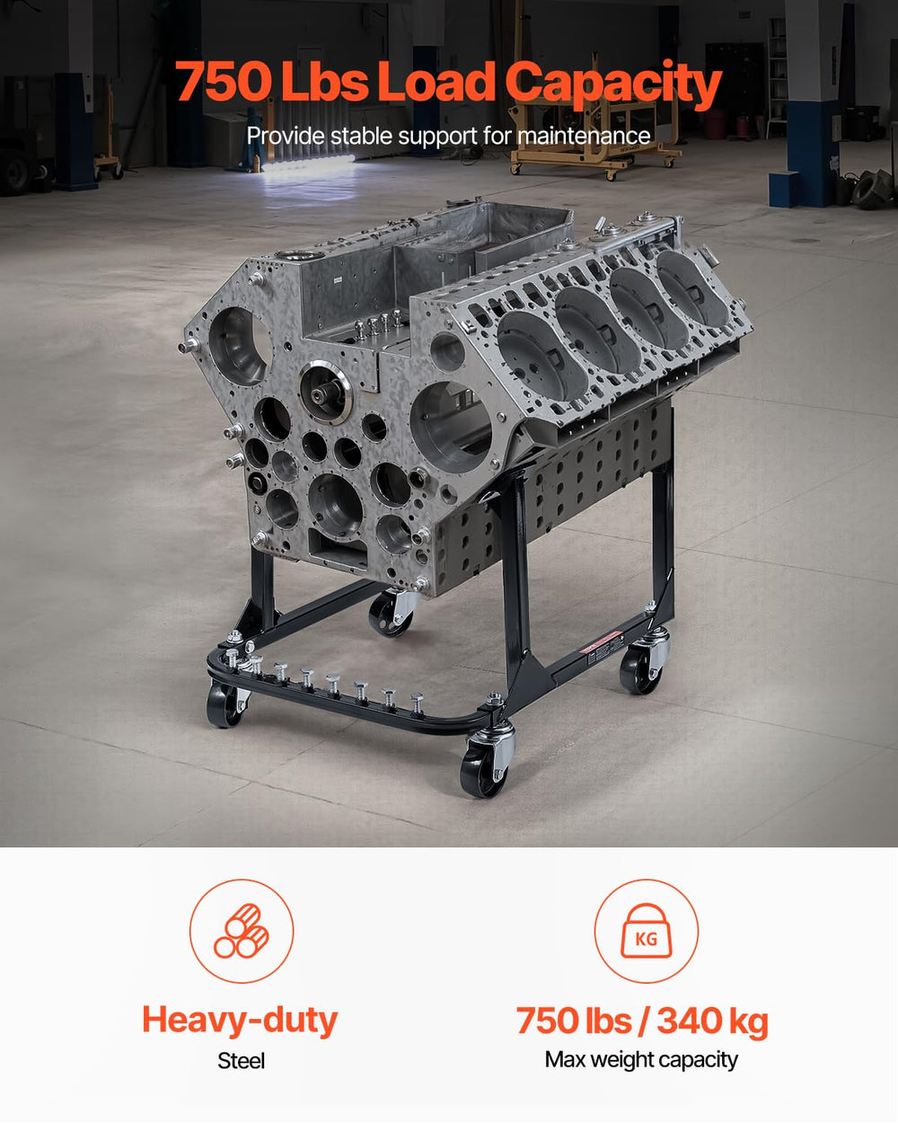 VEVOR Engine Stand rear view demonstrates balanced design for easy maneuvering.