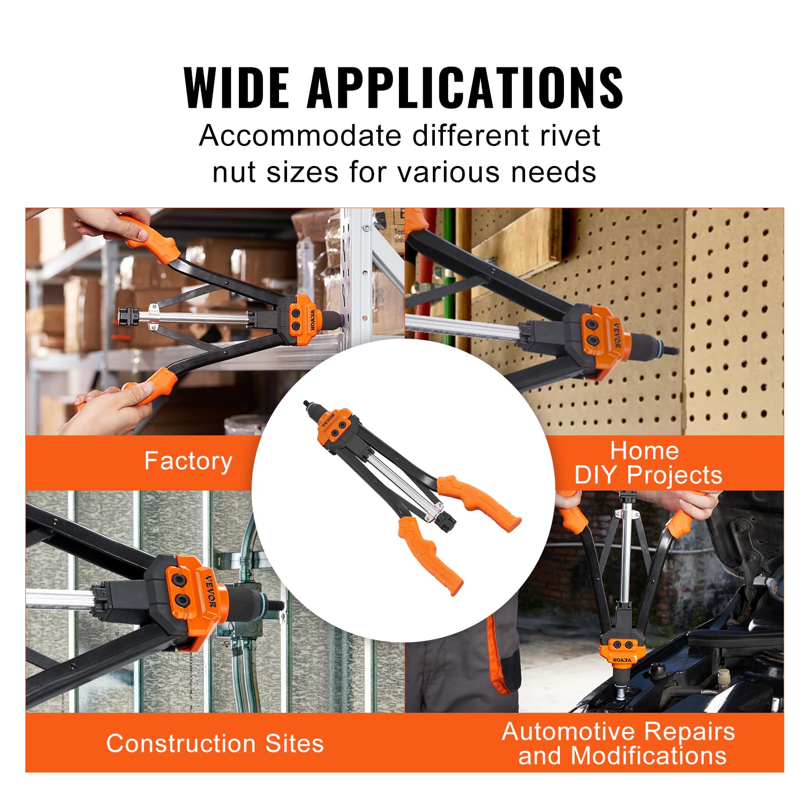 VEVOR ergonomic rubber handle delivers comfortable grip during long riveting sessions.