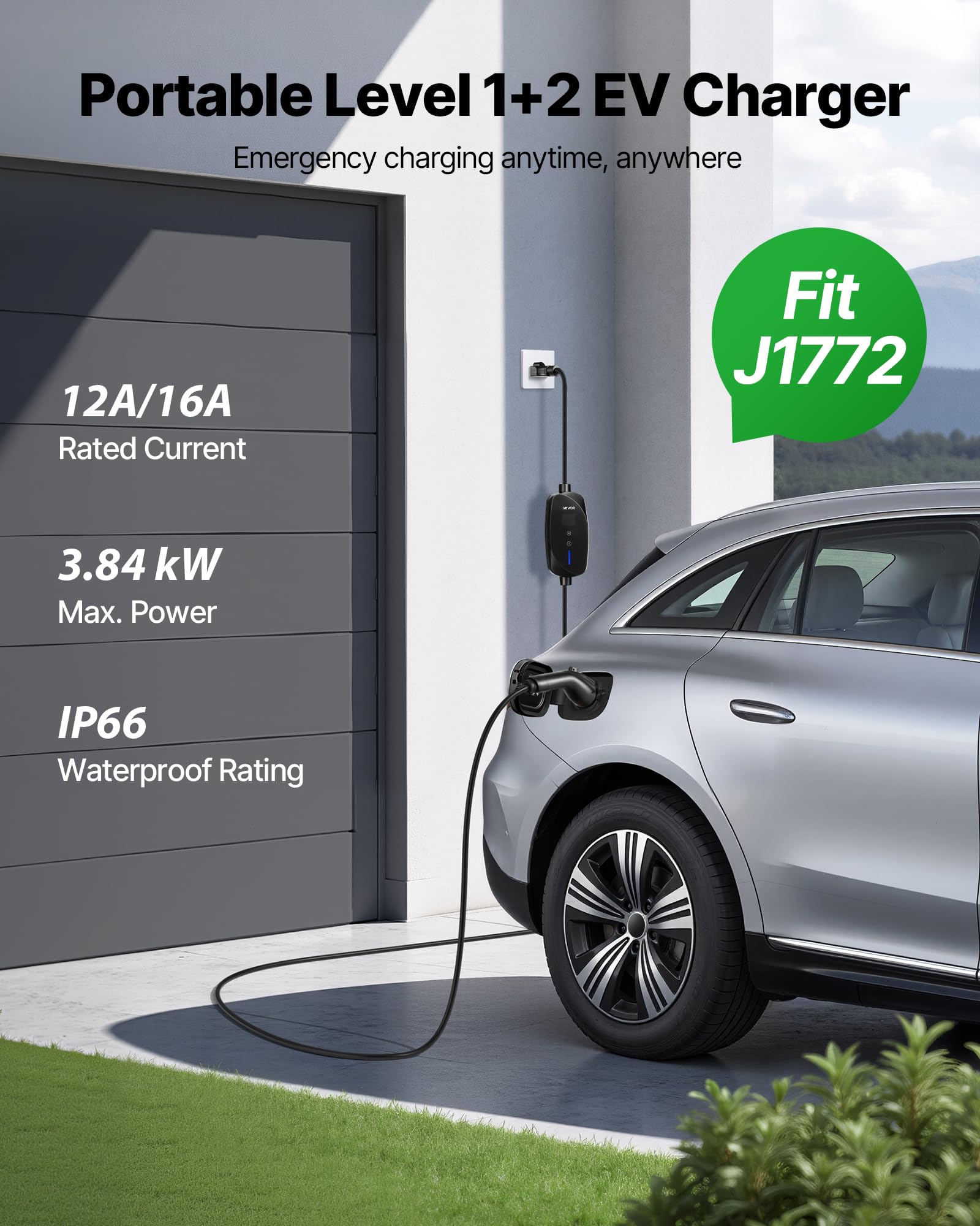 VEVOR EV Charger LCD display shows voltage, current, and time.