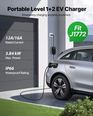 VEVOR EV Charger LCD display shows voltage, current, and time.