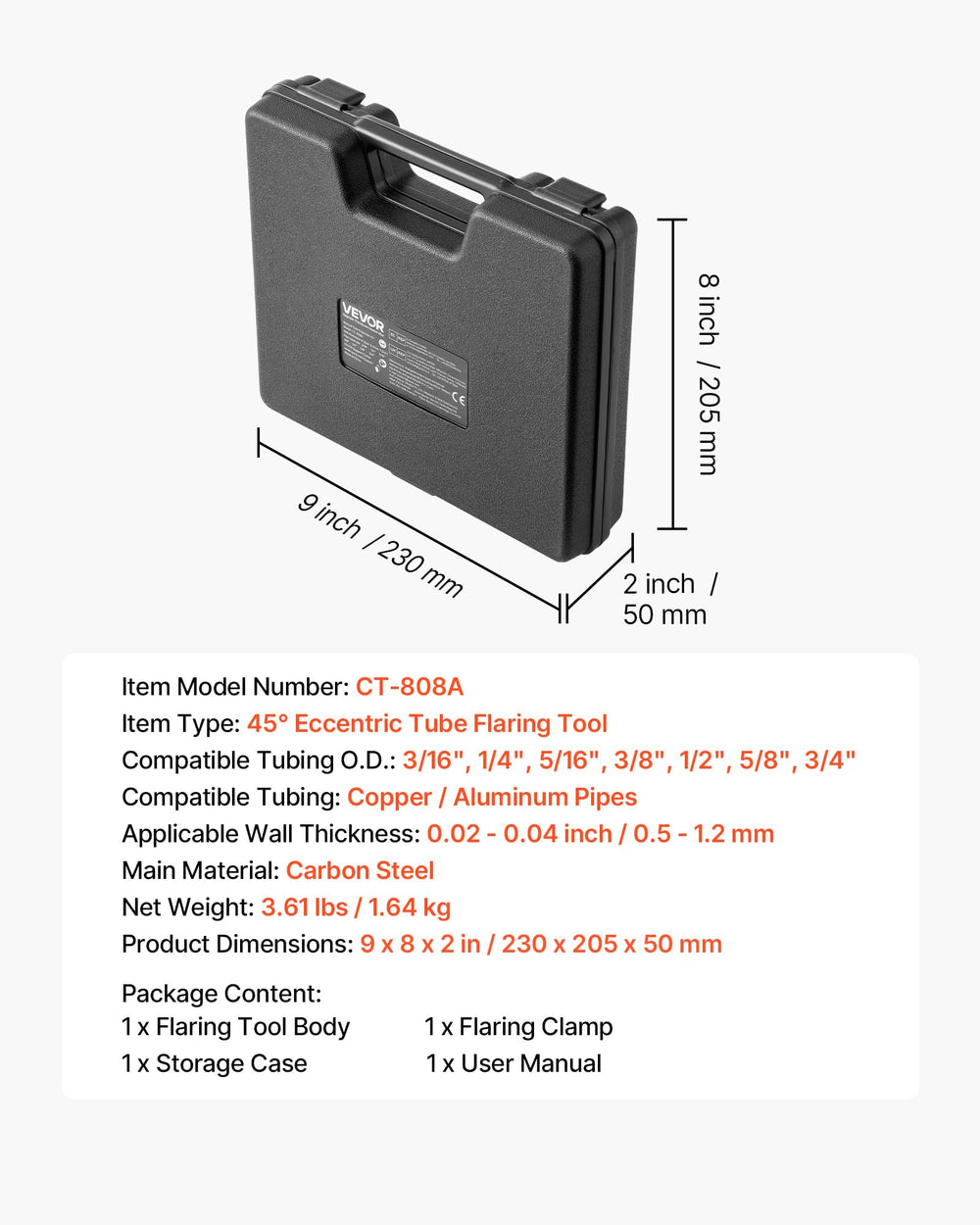 VEVOR flaring tool accommodates 0.02–0.04 inch wall tubes for reliable fits