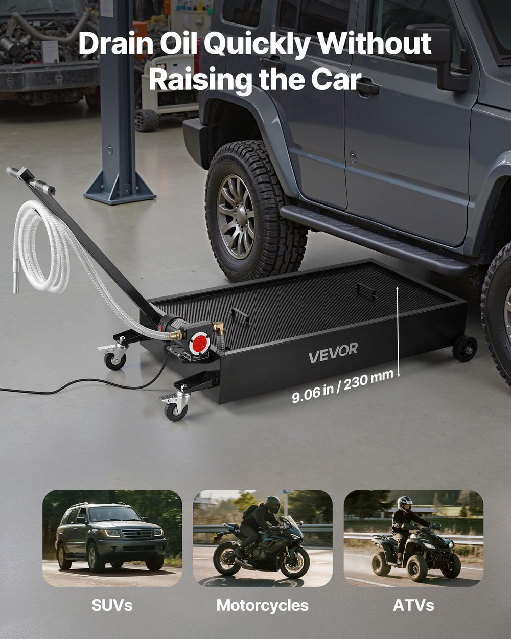 VEVOR folding-handle oil drain cart in use for flexible positioning.