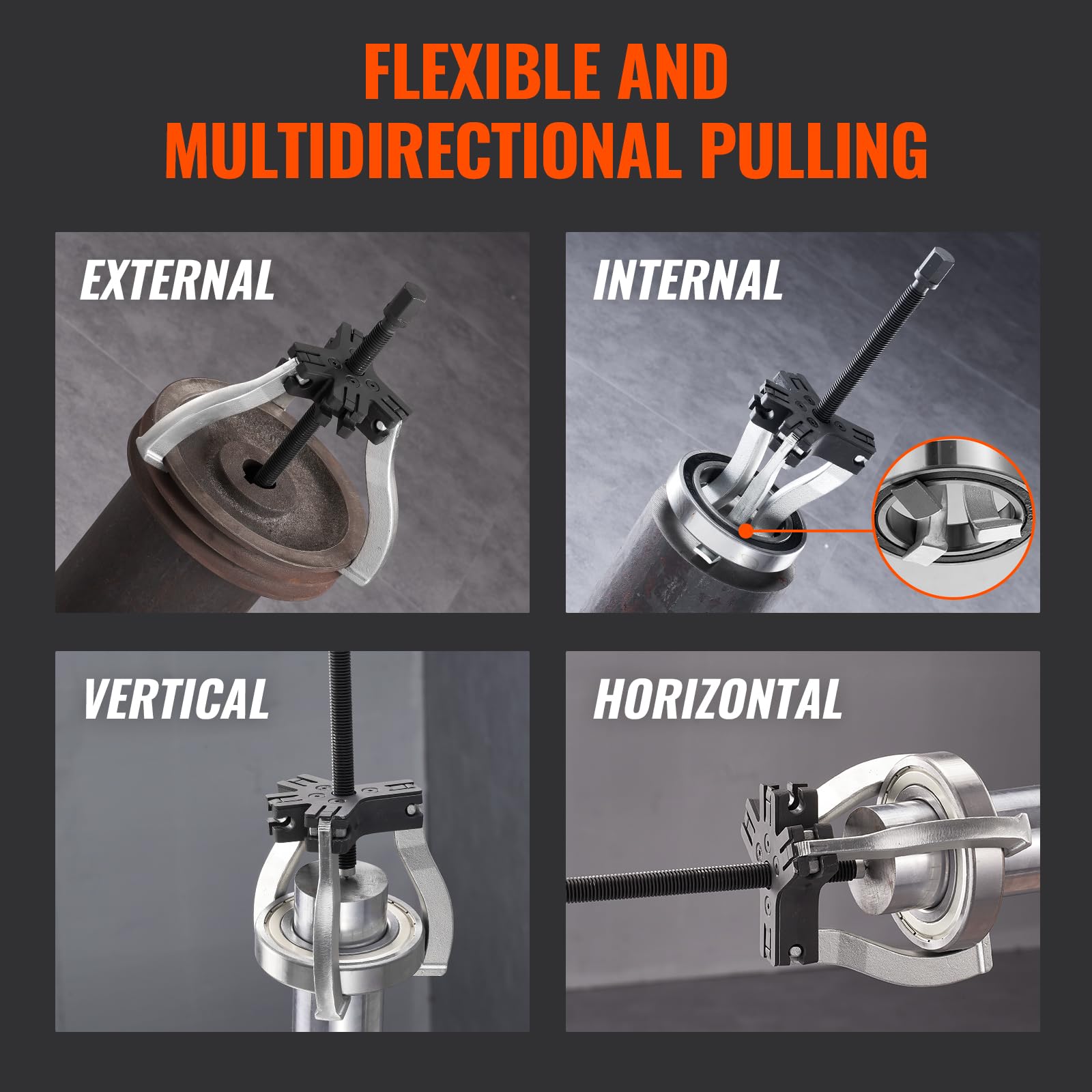 VEVOR three-jaw setup stabilizes heavy bearing removal.