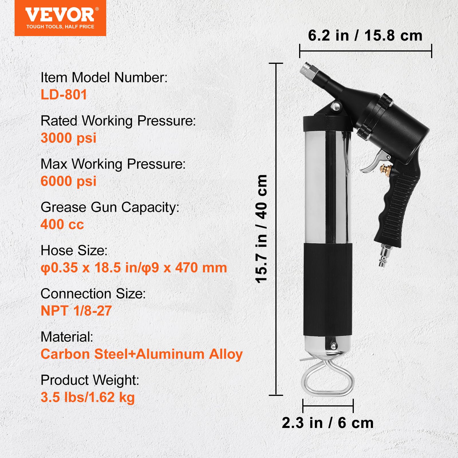 VEVOR Grease Gun carbon steel body delivers durability and corrosion resistance.