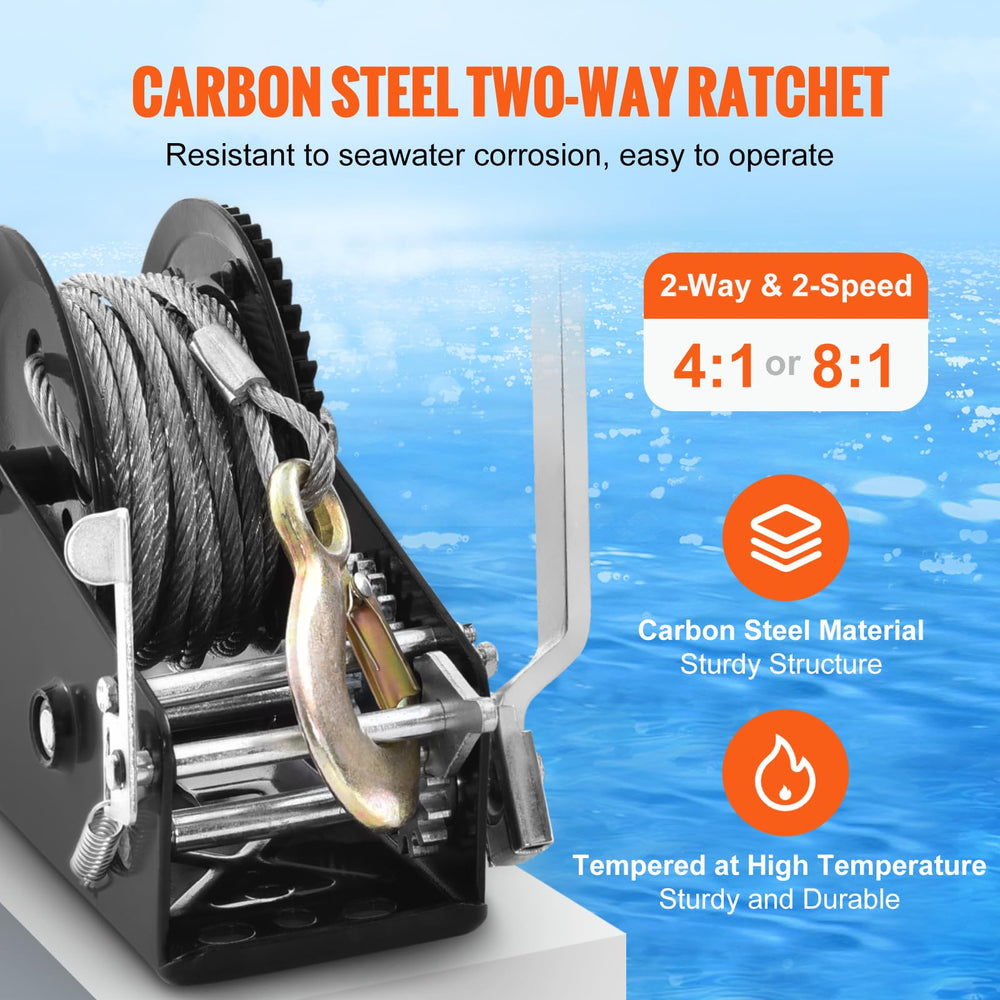 VEVOR hand winch forged hook resists corrosion and supports heavy loads.