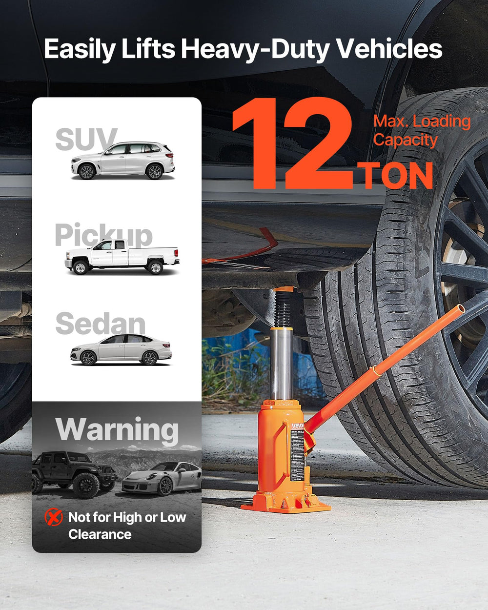 VEVOR bottle jack demonstrates 8.1 to 15.7 inch lifting range