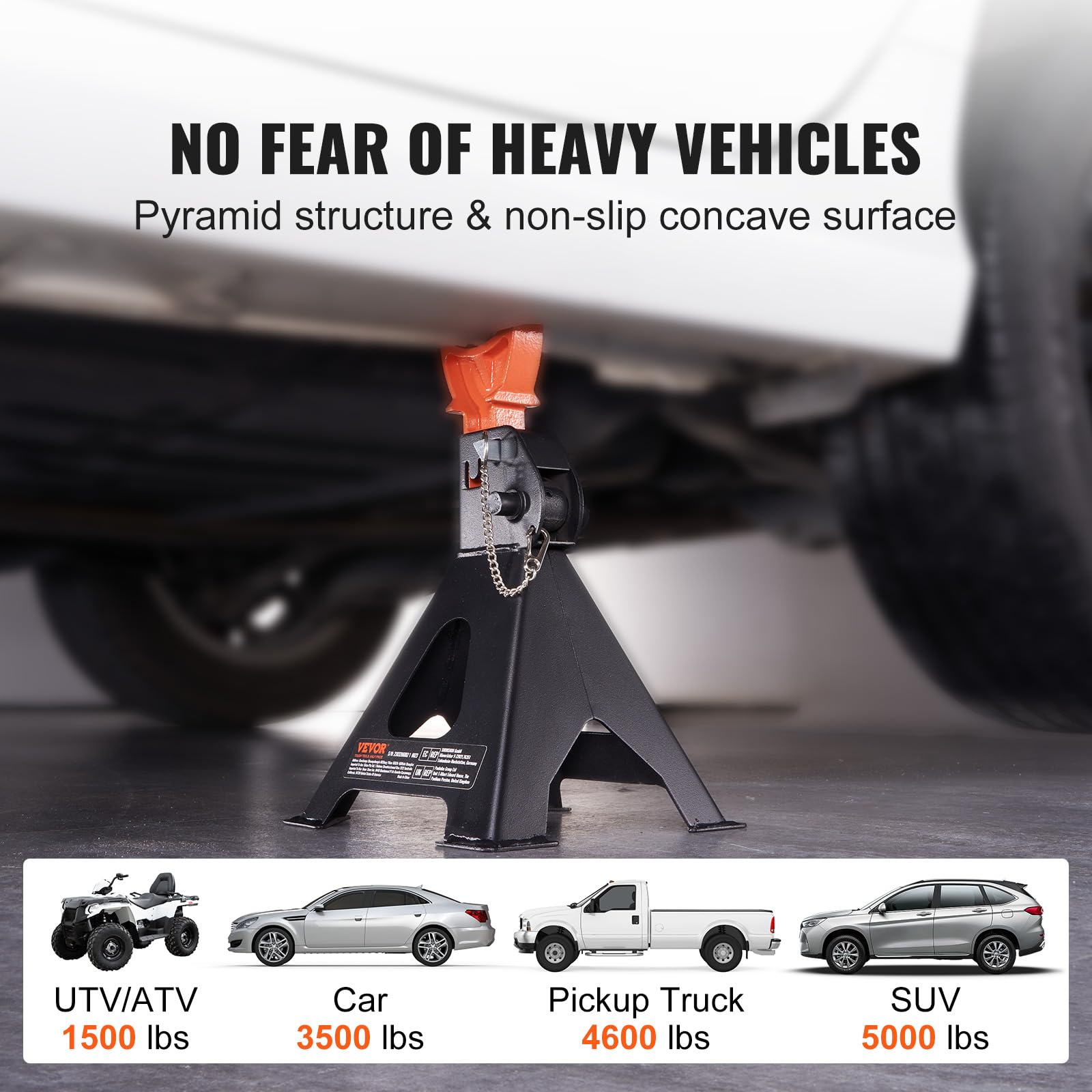 VEVOR 3-Ton jack stands wide base feet distribute load for stability.