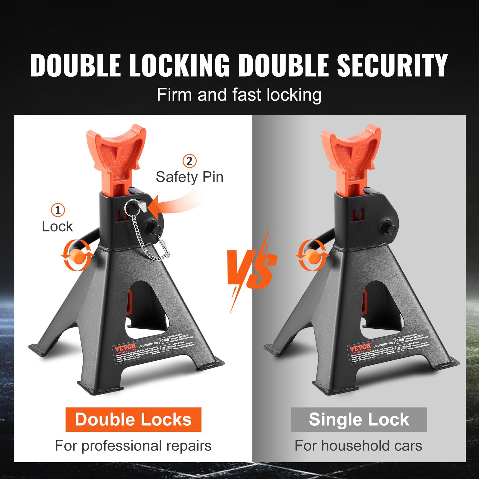 VEVOR 3-Ton jack stands double locking adds safety during lifts.