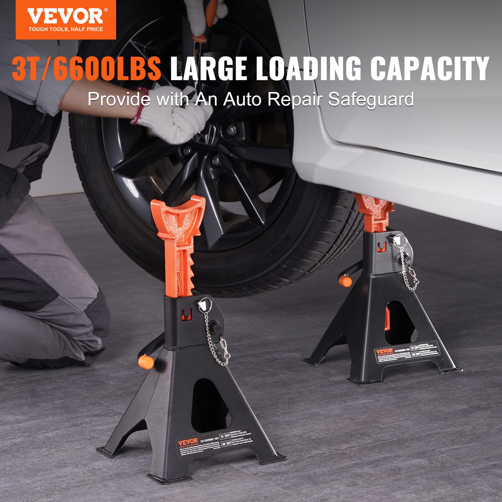 VEVOR 3-Ton jack stands saddle notched top grips vehicle edges securely.