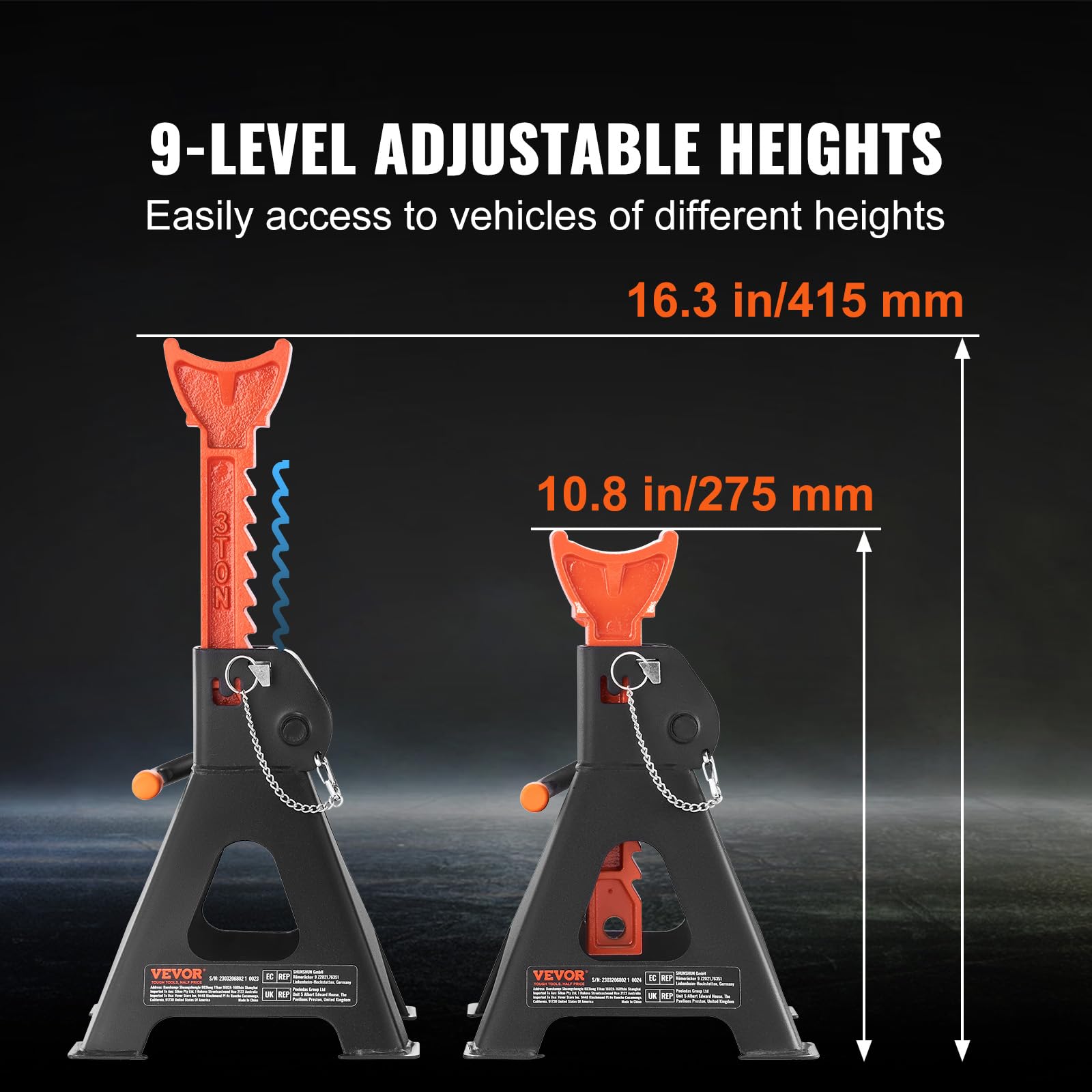 VEVOR 3-Ton jack stands safety pins lock securely during maintenance.