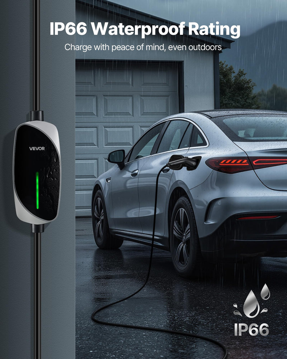 VEVOR Level 1&2 EV Charger wide operating temperature range for outdoor use.