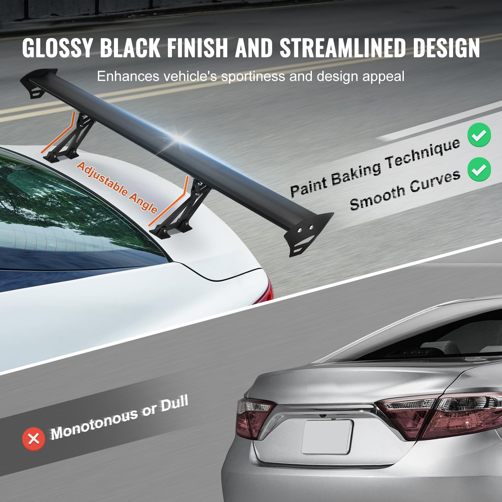 VEVOR lightweight aluminum spoiler balances strength with minimal added weight.