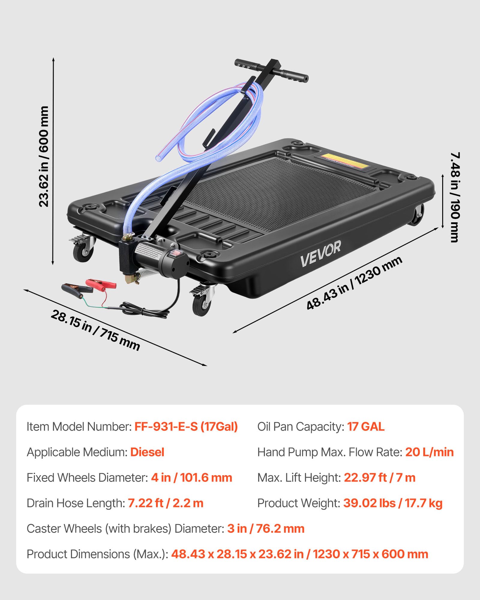 VEVOR maximum 23 L/min flow for faster oil changes.