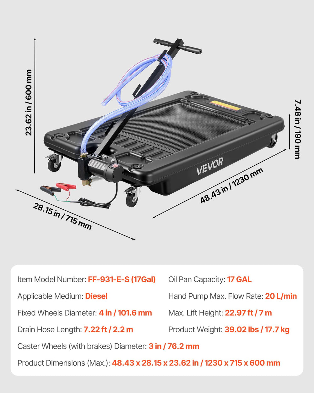 VEVOR maximum 23 L/min flow for faster oil changes.