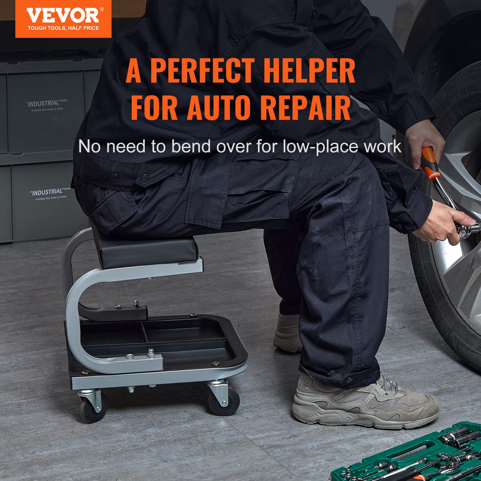 VEVOR mechanic stool 360° casters enable smooth movement on varied workshop surfaces.