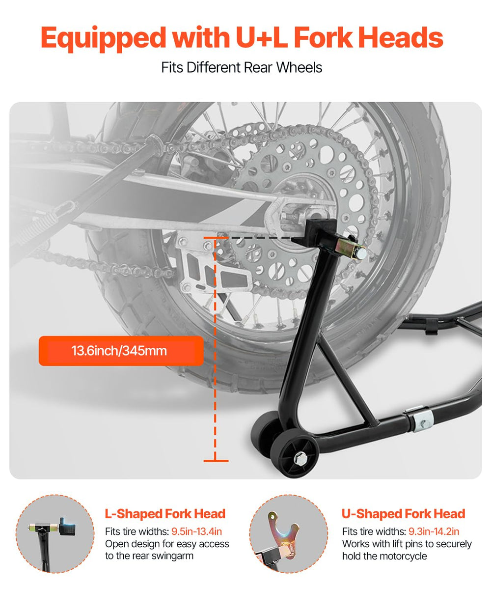 VEVOR adjustable fork heads fit multiple bikes for precise lifting.