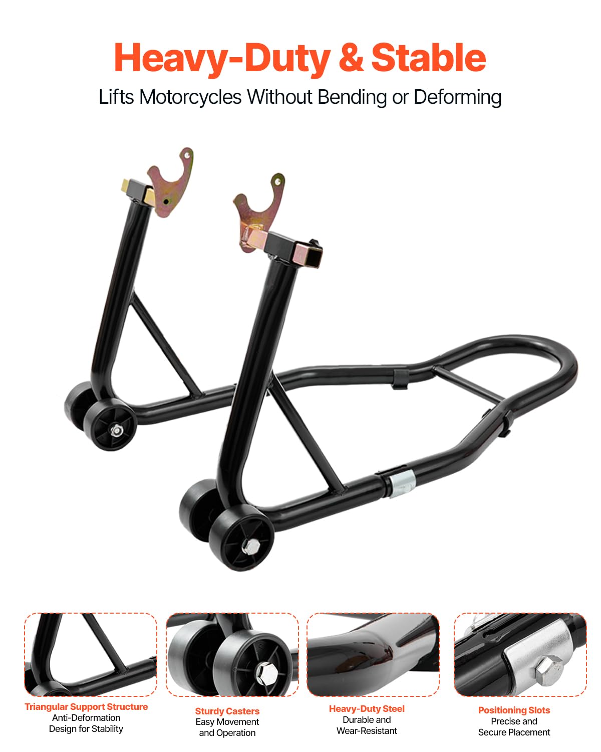 VEVOR rear wheel stand with U and L forks for versatile motorcycle compatibility.