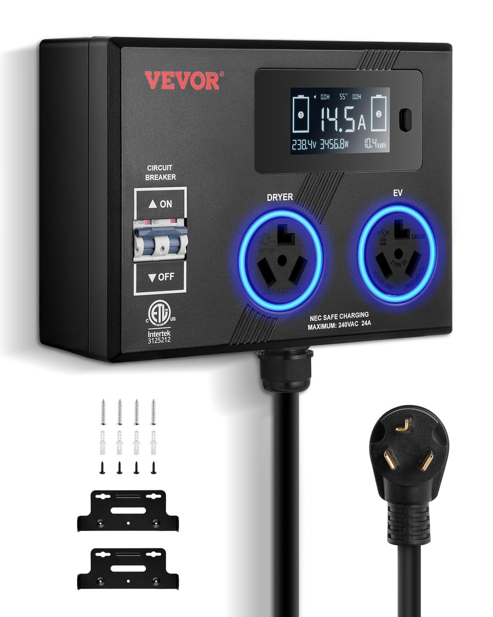 VEVOR NEMA splitter front view shows compact design for shared dryer and EV power